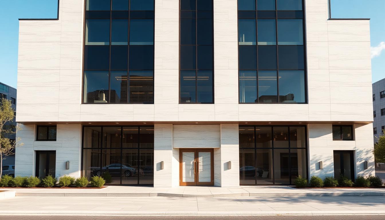 Contemporary six-story mixed-use commercial building in Mississauga wrapped in matte dark grey aluminum composite panels with precise vertical shadow lines, glazed ground floor retail, shot against a grey sky.