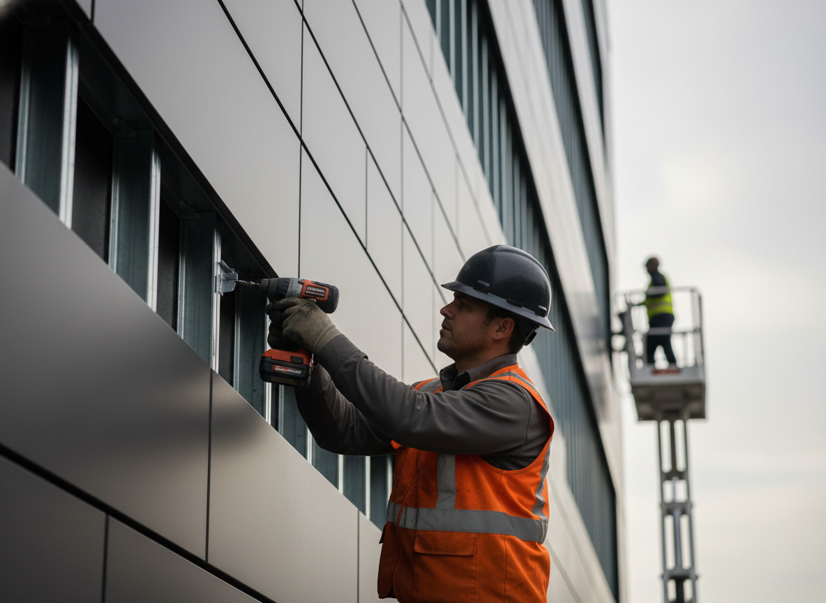 Mid-rise commercial building in Toronto under construction, with a ProClad installer in safety gear fastening a vertical charcoal aluminum panel to a steel sub-framing system, overcast afternoon light, visible scissor lift in the background.