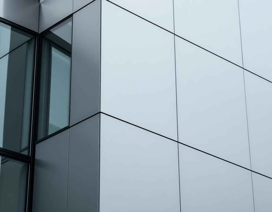 Flat modern building façade clad in large-format aluminum composite panels with tight precision reveals in a matte metallic grey finish, sharp corner detail, overcast daylight.