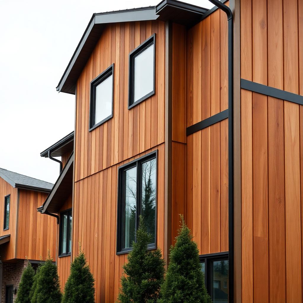 Natural cedar wood siding on a contemporary residential home, vertical plank application with tight reveals, warm honey tone, photographed in overcast daylight.