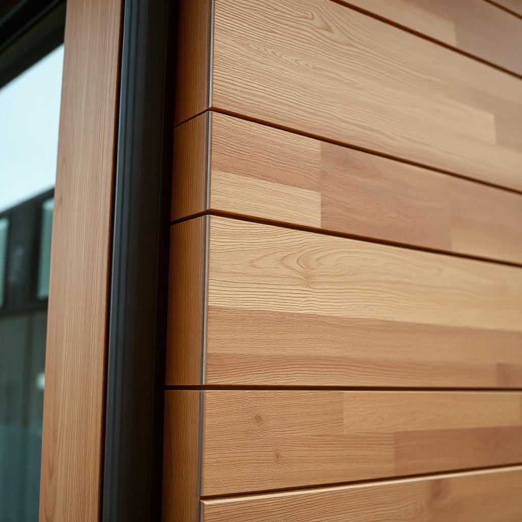 Detail shot of wood plastic composite cladding in a natural wood-grain finish, installed as horizontal boards on a low-rise modern building, subtle texture visible.