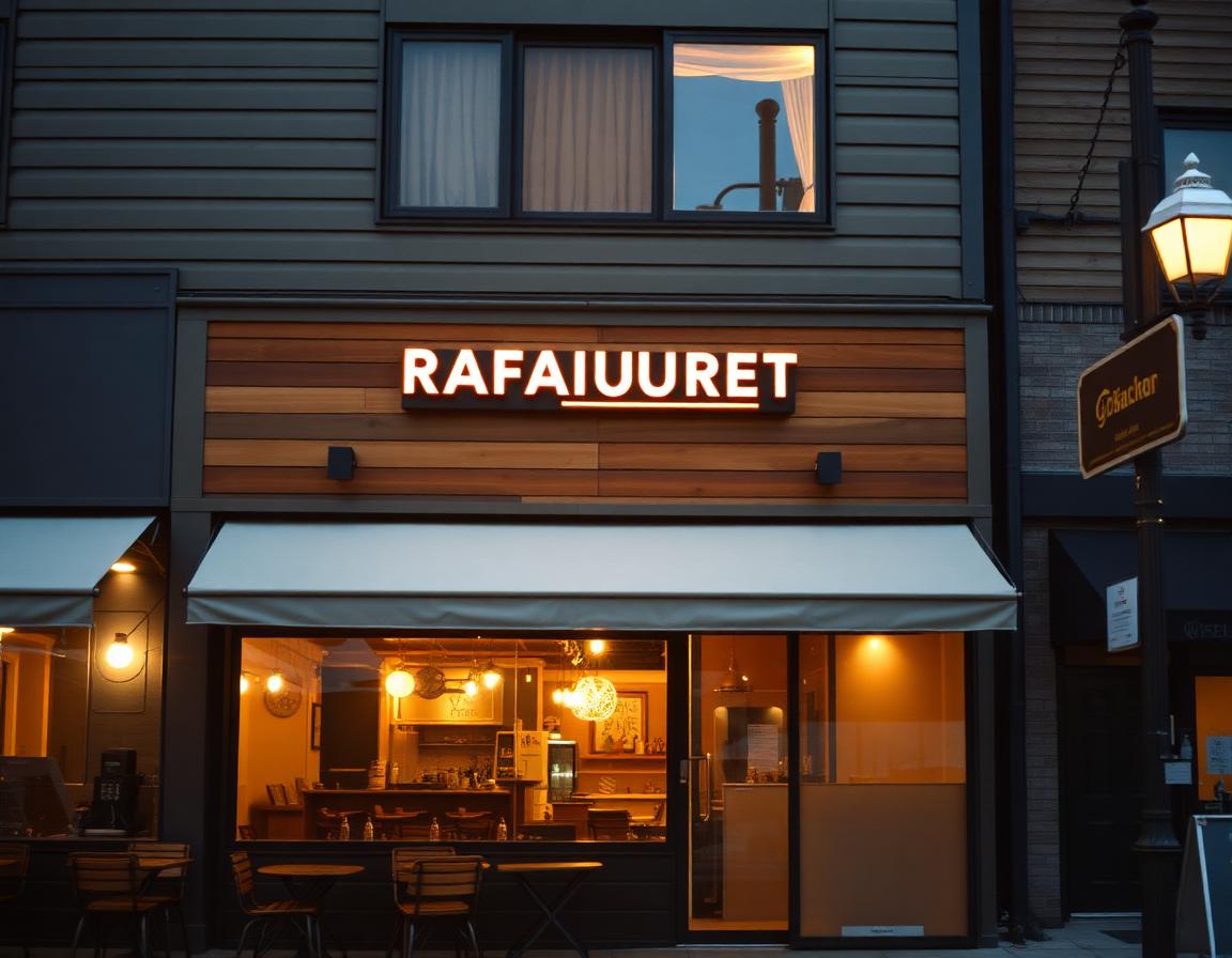Street-facing restaurant façade in North York combining dark bronze standing seam metal on the upper volume with warm horizontal wood siding around the entry and patio screen, signage in brushed brass, outdoor seating under a fabric awning, dusk.