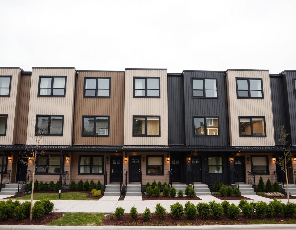 Row of twelve modern stacked townhomes in Brampton finished in vertical aluminum siding, alternating units in soft sand and deep charcoal tones, black-framed windows, individual entry porches with recessed lighting, landscaped front yards.