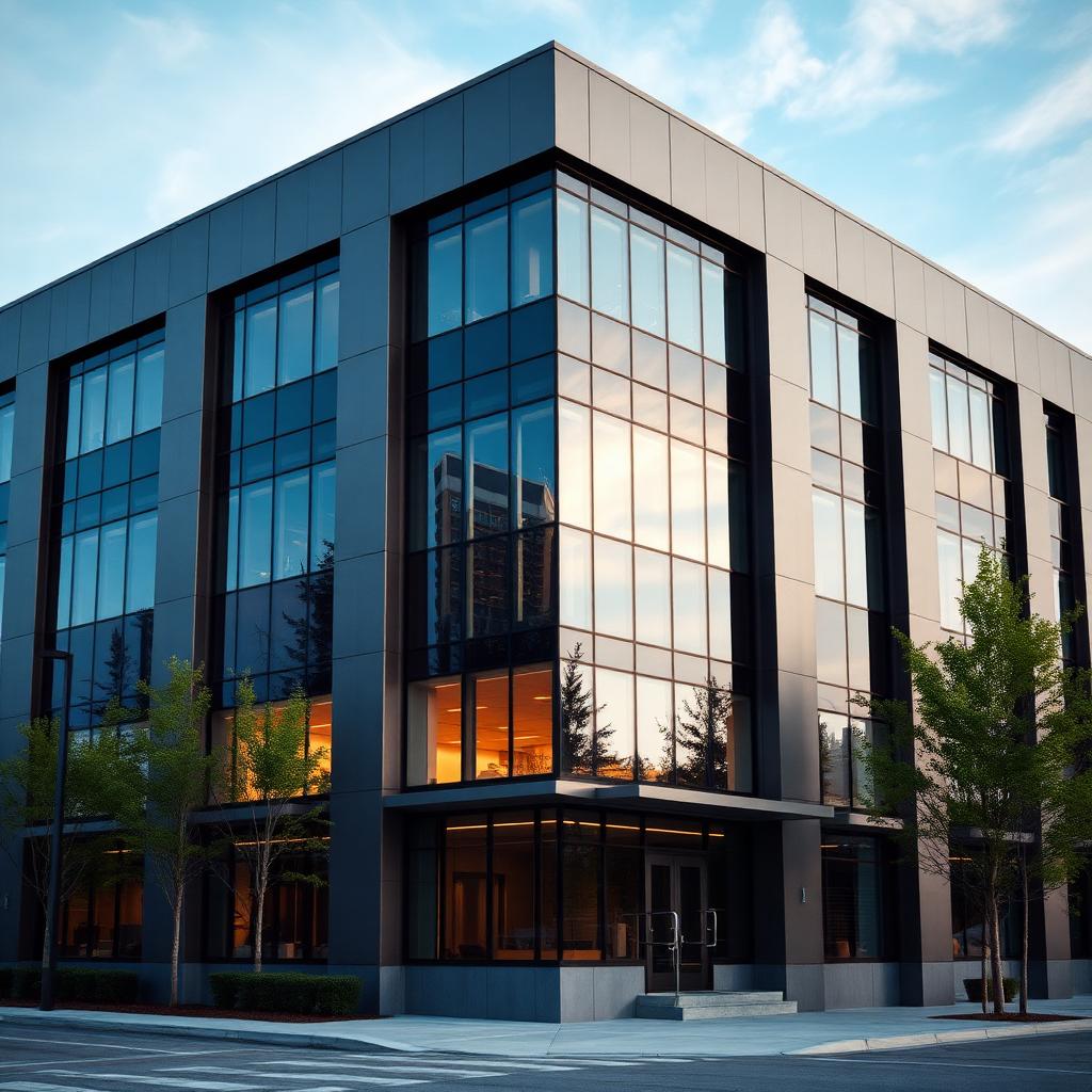 Four-story office building on the Toronto waterfront with a matte charcoal aluminum composite panel envelope, vertical shadow-line reveals running the full height, ground-floor glazing, and a black-framed entry canopy, overcast afternoon daylight.