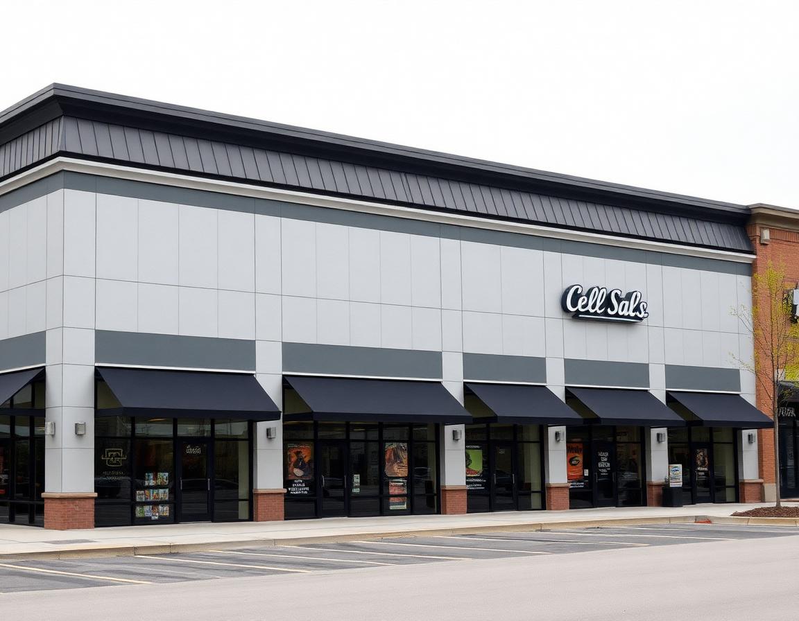 Single-story retail strip in Markham with a clean ACM panel façade in neutral grey, accent bands of dark standing seam metal above the entries, consistent storefront glazing across six tenant bays, curb-side parking visible.