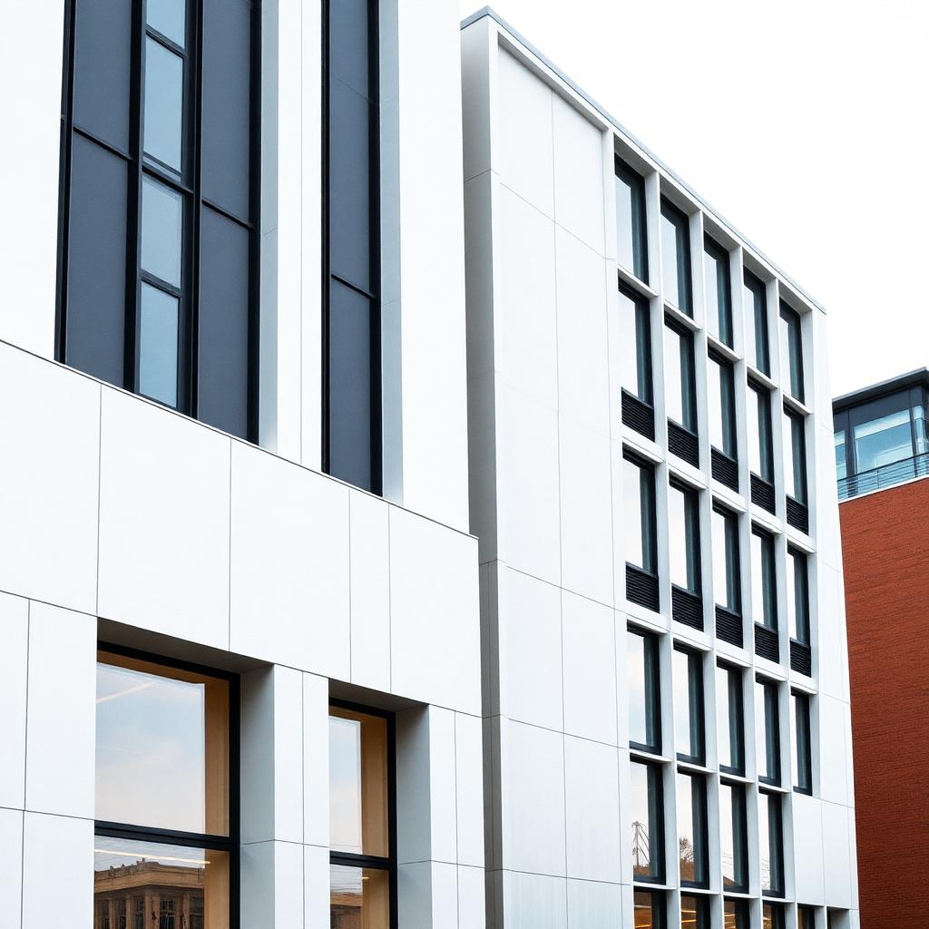 Former warehouse in Vaughan converted to office space, exterior re-clad in a dark grey aluminum composite panel (ACM) rainscreen with dead-flat faces and crisp 25mm shadow-gap reveals, new oversized black-framed glazing cut into the original masonry openings, shot from across the parking lot.