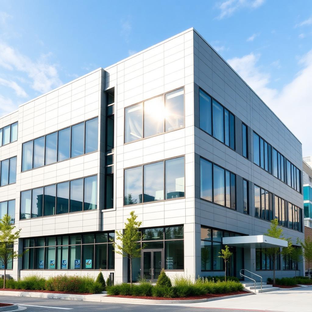 Contemporary eight-story mixed-use commercial building in Toronto mid-construction, wrapped in matte dark grey aluminum composite panels with crisp vertical reveals, glazed ground-floor retail, a tower crane visible in the background, overcast daylight.