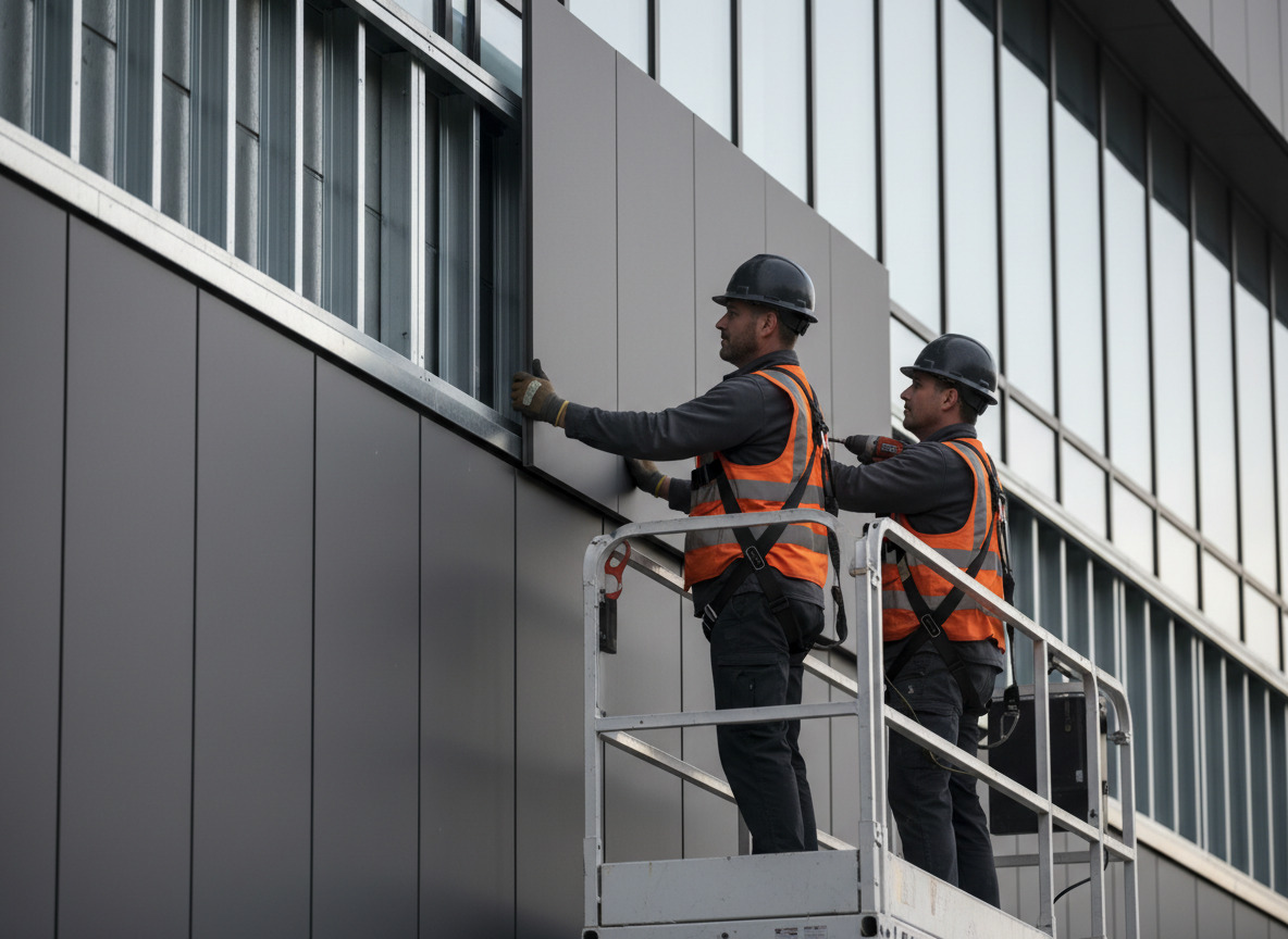 Two installers in high-visibility safety gear and fall harnesses on a scissor lift mounting a vertical charcoal aluminum composite panel on a mid-rise commercial elevation, adjacent panels already installed with precise shadow-line joints, overcast afternoon daylight.